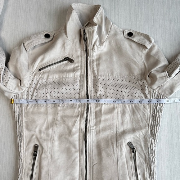 VINTAGE Ellus Perforated Moto Jacket S Off White Crinkled Vegan Suede Casual Y2K - Picture 12 of 15